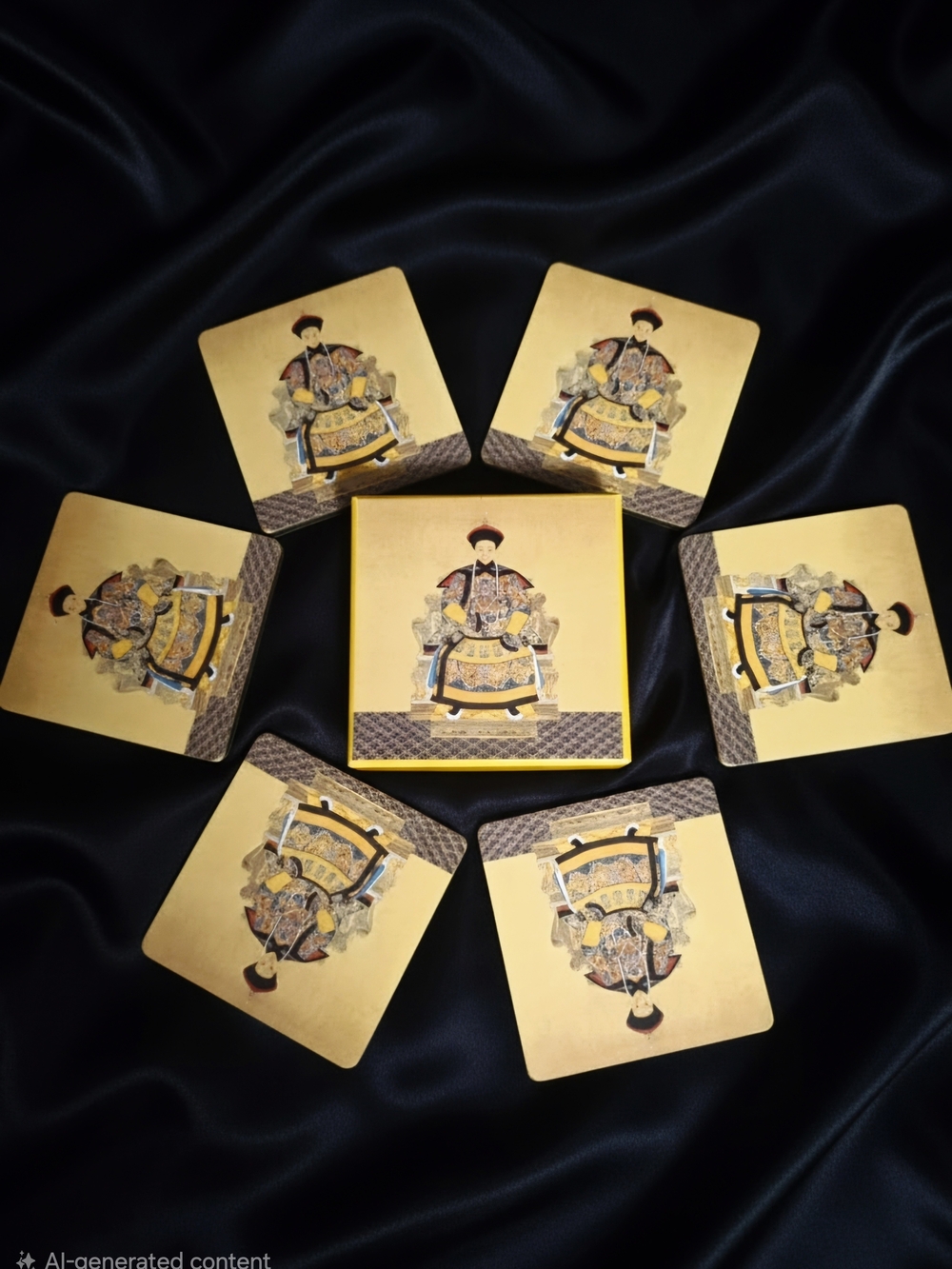 Set of 6 gold-themed decorative coasters imperial portraits. Shanghai Tang Emper